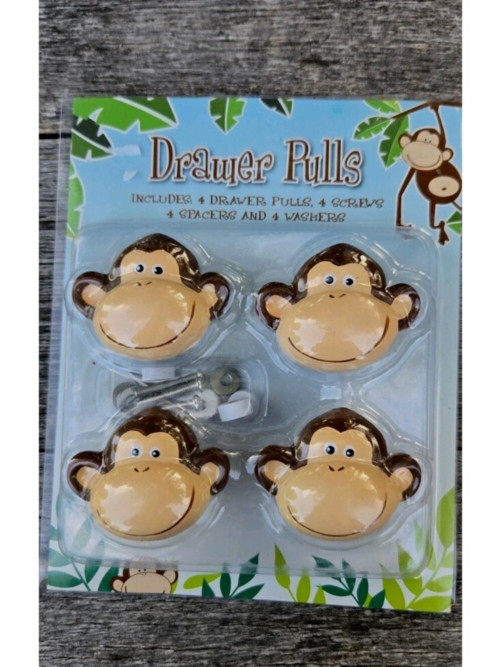 NIB Set 4 Whimsical Monkey Head Drawer Pulls Knobs Childrens Room Jungle Decor